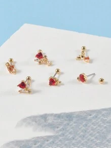 1PC Stainless Steel Red Zirconia Ear Studs Heart-Shaped Bat Evil Tragus Cartilage Screw Ball Earrings For Women Piercing Jewelry - As Shown - View 5