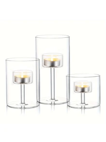 3pcs Glass Candle Holders, Home Decor, Table Centerpieces, Fireplace Candlesticks - Clear - View 1