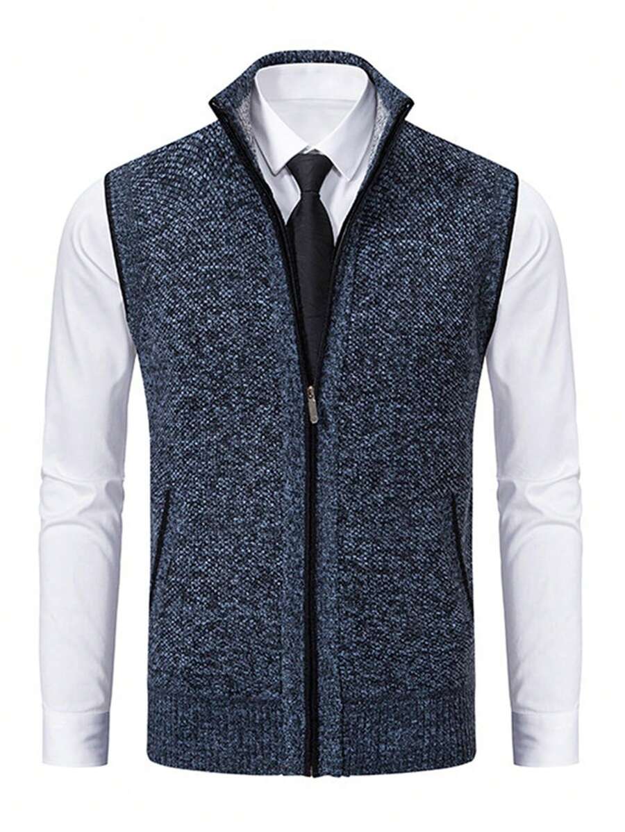 Men 1pc Zip Up Sweater Vest Without Shirt And Tie - Grey - View 1