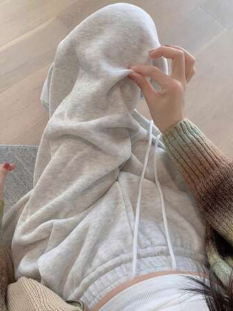 女士时尚休闲抽绳腰灰色直筒裤，秋季