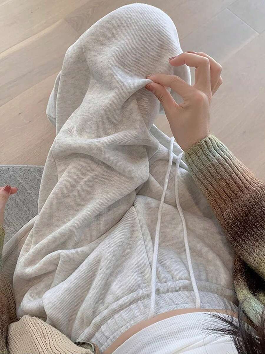 女士时尚休闲抽绳腰灰色直筒裤,秋冬季 - 灰色 - 查看 1
