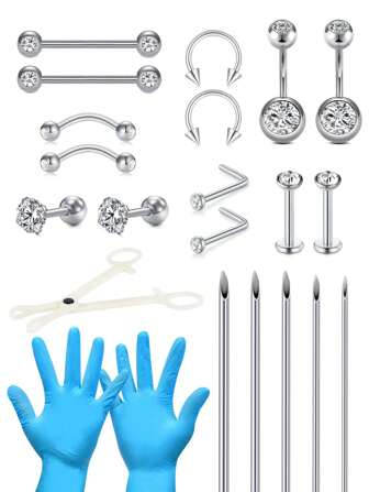 CIZME 9-22Pcs Piercing Kit For All Piercings,Disposable 13G 14G 15G 16G 18G Piercing Needles For Belly Button Nose Septum Nipple Tongue Eyebrow Lip Piercing,Mixed Piercing Kit,Piercing Kits For All Piercings Stainless Steel Nose Septum Cartilage Tragus Earrings Belly Nipple Tongue Lip Ring
