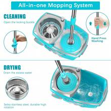 Tsmine FunClean Spin Mop And Bucket,360 Spinning Mopping Floor Cleaning Tool With 4 Microfiber Replacement Head Refills,Mop And Bucket With Wringer Set For Home,61" Extended Handle, 2X Wheel