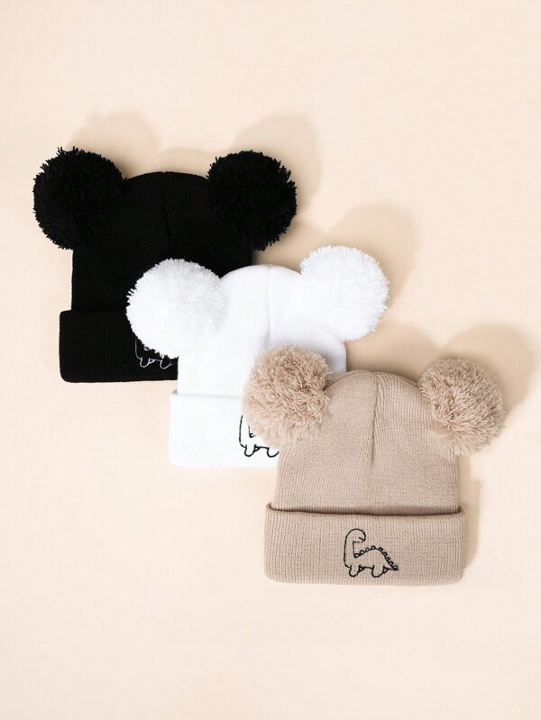 Juego De 3 Gorros De Punto Bordados Con Dinosaurio De Peluche Estilo Y2k Para Niños Y Niñas (negro + Blanco + Beige) Para Clima Frío, Actividades Al Aire Libre, Desplazamientos Diarios