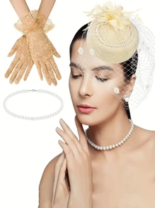 1 套女士经典时尚人造珍珠项链、蕾丝手套、发夹、迷你帽子和羽毛配饰装饰套装，多色可选，婚礼、派对、拍照、万圣节、圣诞节、生日礼物必备成年女性服装 - 彩色 - 查看 4