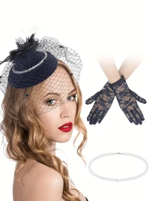 1 套女士经典时尚人造珍珠项链、蕾丝手套、发夹、迷你帽子和羽毛配饰装饰套装，多色可选，婚礼、派对、拍照、万圣节、圣诞节、生日礼物必备成年女性服装 - 彩色 - 查看 2