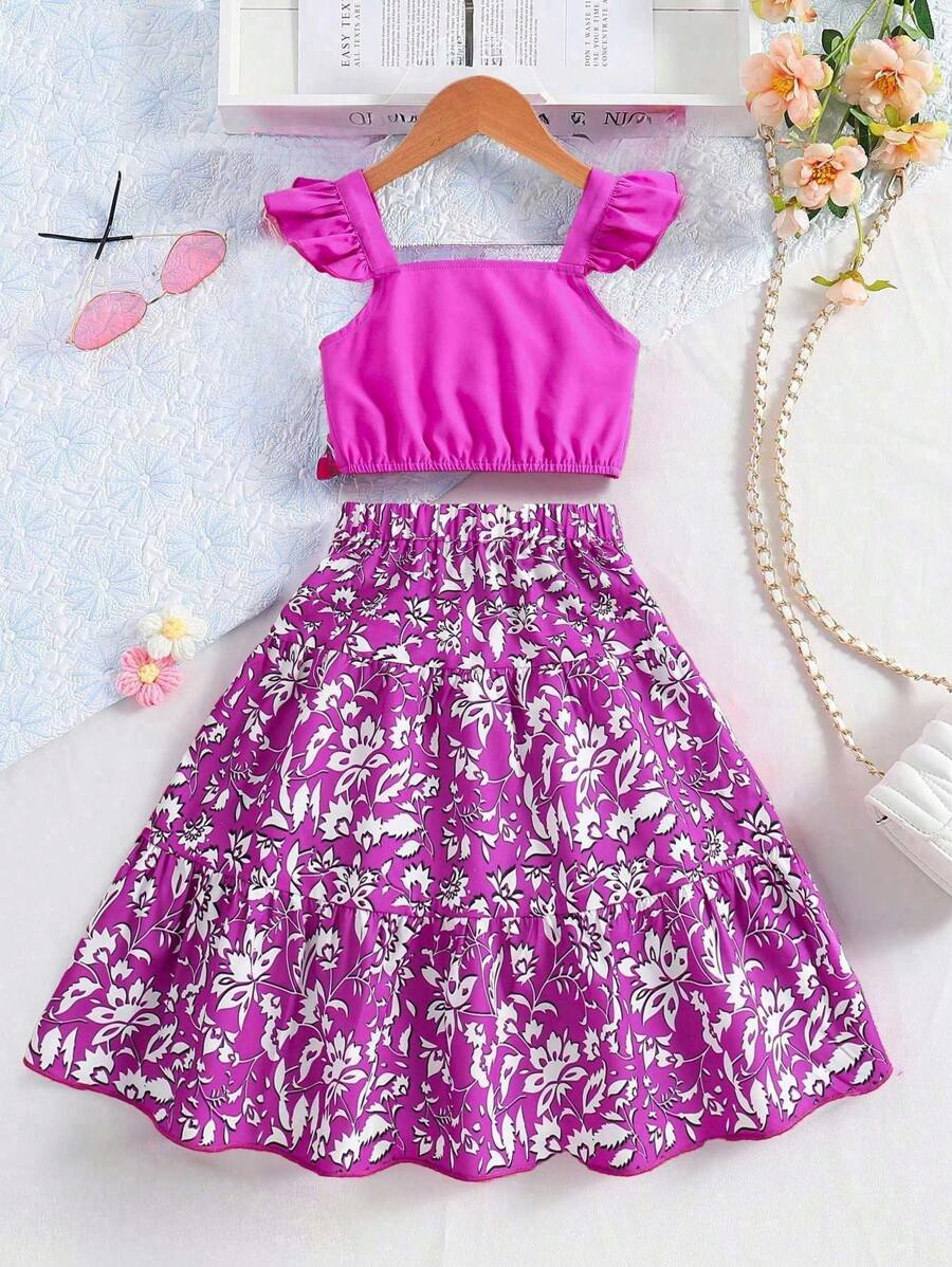 Tween Girl 2pcs/Set Floral Allover Print Halter Top And Skirt, Summer Casual & Elegant Outfits - Hot Pink - View 1