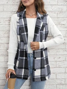Abrigo Chalecos Para Mujer De Cuadros De Cuello Con Solapa Chamarra,Chamarras Mujer Invierno,Abrigo dama,Abrigo Mujer,Chamarras Para Mujer,Día de Navidad,Año Nuevo - Gris - Ver 3