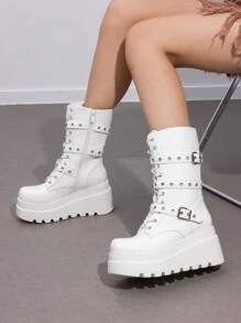 DREAM PAIRS Women's Platform Mid-Calf Boots Cyberpunk Combat Style Multiple Buckle Straps Round Toe Side Zipper Anti-Slip Thick Heel Outdoor Halloween Chunky Heel Party Music Festival Party WHITE Boots - 白色 - 查看 6