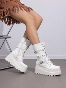 DREAM PAIRS Women's Platform Mid-Calf Boots Cyberpunk Combat Style Multiple Buckle Straps Round Toe Side Zipper Anti-Slip Thick Heel Outdoor Halloween Chunky Heel Party Music Festival Party WHITE Boots - 白色 - 查看 7