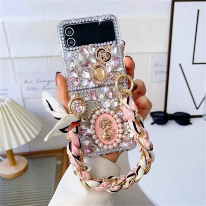 1pc Luxury Rhinestone Foldable Phone Case With Wrist Strap, Compatible With Samsung Galaxy Z Flip3 5G/Galaxy Z Flip 4 5G/Galaxy Z Flip 5 5G/Galaxy Z Flip 6 5G, Fashionable For Women