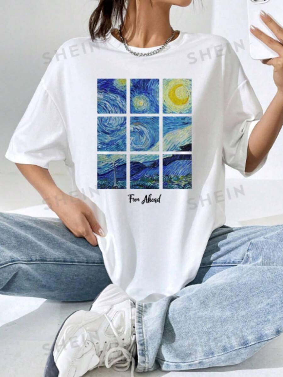 Women's T-Shirt Dropped Shoulder Art Tumblr Painting Streetwear T-Shirt Shirt - 白色 - 查看 1
