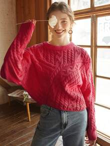 Elegant Women's Fashion Thick Knit Sweater, Loose Pullover, Long Sleeve Crew Neck Sweater, Back To School Autumn Outfit, Autumn/Winter Christmas Thanksgiving New Year Stylish Design (Random Pattern) - Red - View 6