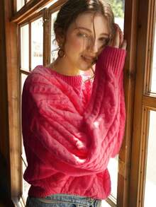 Elegant Women's Fashion Thick Knit Sweater, Loose Pullover, Long Sleeve Crew Neck Sweater, Back To School Autumn Outfit, Autumn/Winter Christmas Thanksgiving New Year Stylish Design (Random Pattern) - Red - View 5