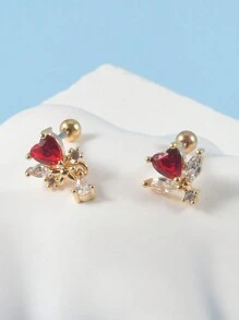 1PC Stainless Steel Red Zirconia Ear Studs Heart-Shaped Bat Evil Tragus Cartilage Screw Ball Earrings For Women Piercing Jewelry - As Shown - View 7