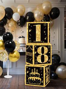 3 pièces Boîtes en papier noires et dorées, décoration de fête d'anniversaire 18e/30e/40e/50e/60e/70e/75e/80e, fournitures pour fête de 40/50/60 ans, décorations de fête d'anniversaire, boîtes décoratives pour fond de fête à la maison, décoration de fond de fête, accessoires photo, boîtes d'emballage cadeau