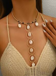 1pc Metallic Golden Ocean Theme Sea Creature & Shell Exaggerated Y-Necklace - Multicolor - View 4