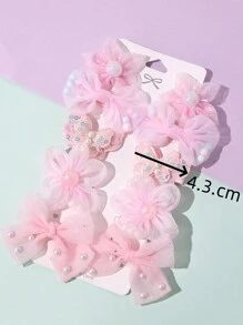 10pcs Lovely Flower & Bow Pearl Decor Hair Clips Set, For Christmas - Pink - View 3
