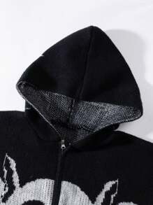 Áo khoác len có mũ kéo khóa dệt kim họa tiết đầu lâu và ngôi sao ANDREILEE, áo cardigan dáng rộng thoải mái unisex dành cho nam và nữ, thích hợp cho mùa xuân, thu và đông. - màu đen - Xem 3