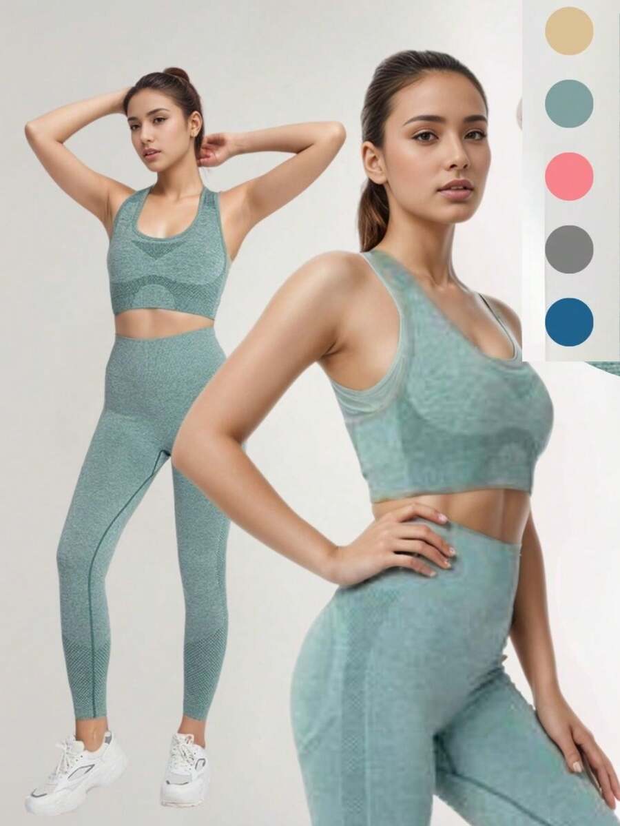 Gym Set Pants And Top Empina Lifts Butt Solid Color Fitness Women - 淺藍色 - 查看 1