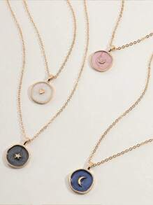 1 Piece Heart And Moon Detail Round Pendant Necklace Geometric Heart Moon Lightning Star Multi-Element Combination Pendant Necklace Women Collarbone Necklace Dreamy Star Love Moon Pendant Personalized Oil Drop Fashionable Collarbone Necklace Women