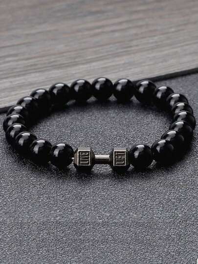 1pc Natural Matte Black Volcanic Stone Beaded Dumbbell Charm Bracelet, For Men Or Couples