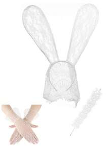 D EXCEED 3 PCS Women's Sexy Lace Adult Bendable Bunny Ears Headband Hair Hoop Speck Glove Lace Scarf Easter Halloween Large Rabbit Ears Accessories Prom Festival GiftHalloween Decorations - Multicolor - View 5