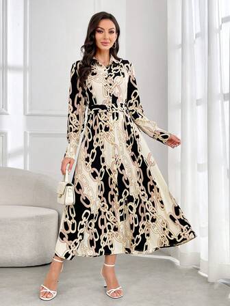 Women's Spring/Summer Chain Print Long Sleeve Belted Maxi Shirt Dress