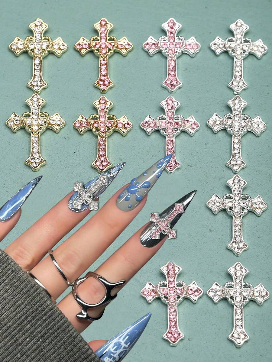5Pcs Large Size Cross Heart Nail Drills Rhinestones & Alloy Nail Art Decorations Diy Nail Charms Nail Gems Nail Supplies Nails - Multicolor - View 1