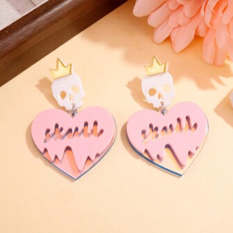 1pc Skull Heart Shaped Earrings, Halloween Style Jewelry Suitable For Holiday, Dance Party & Festival