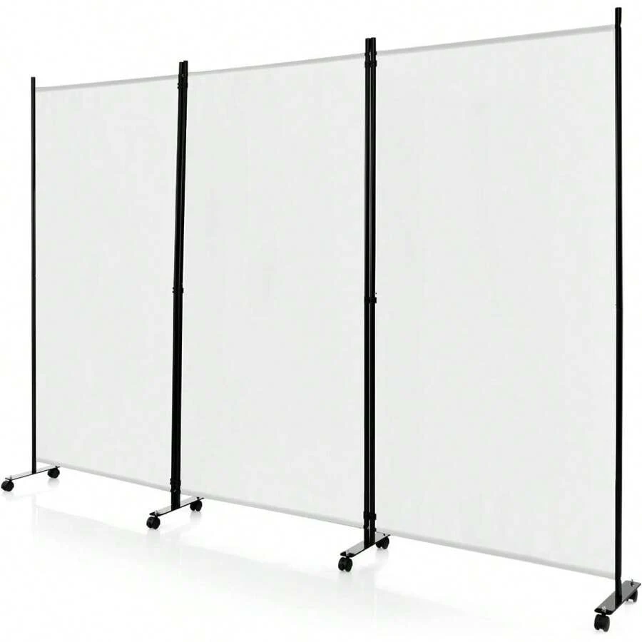 3-Part Foldable Room Divider, 180 Cm Privacy Screen With Metal Frame And Wear-Resistant Fabric, Folding Screen Partition With Wheels For Living Room & Office (White)