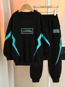 2pcs Tween Boy Sportswear Set, Spring & Fall Comfy Print Sweatshirt And Tapered Pants Outfit - Black - View 2