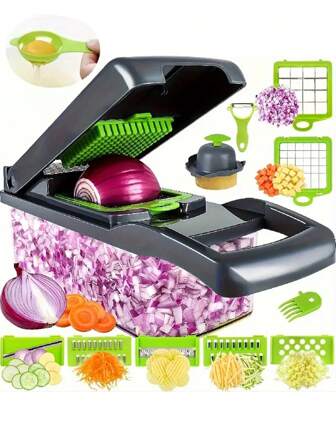 16pcs Vegetable Chopper, Multi-Functional Kitchen Vegetable Chopper, Easy To Make Salad, Interchangeable Blades, Party/Kitchen Tool, Manual Food Grater, With Container, Onion Chopper, Potato Chopper, Kitchen Gadget