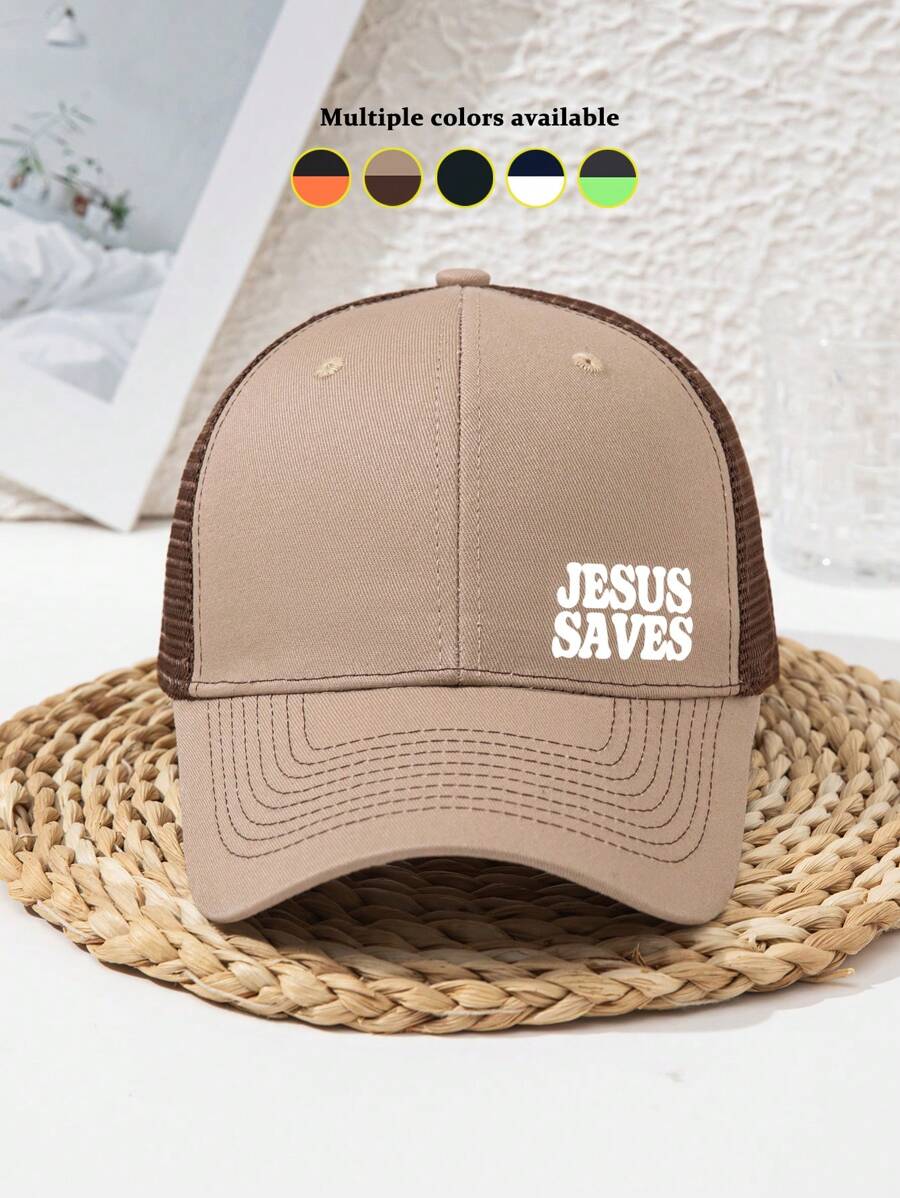 1 件男女通用“JESUS SAVES”字母印花休闲涤纶网眼棒球帽，春夏季