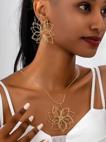 3入組時尚花卉掛墜項鍊和耳環套裝，採用中空線條設計，優雅迷人，適合女性日常、休閒場合或作為禮物 - 金黃色 - 查看 12