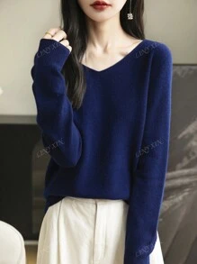 Pull-over à col en V pour femmes, en tricot doux à manches longues, sans couture, pour l'automne et l'hiver