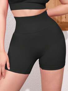 Pantalones cortos deportivos plisados sin costuras de unicolor para mujer, de verano - Negro - Ver 2