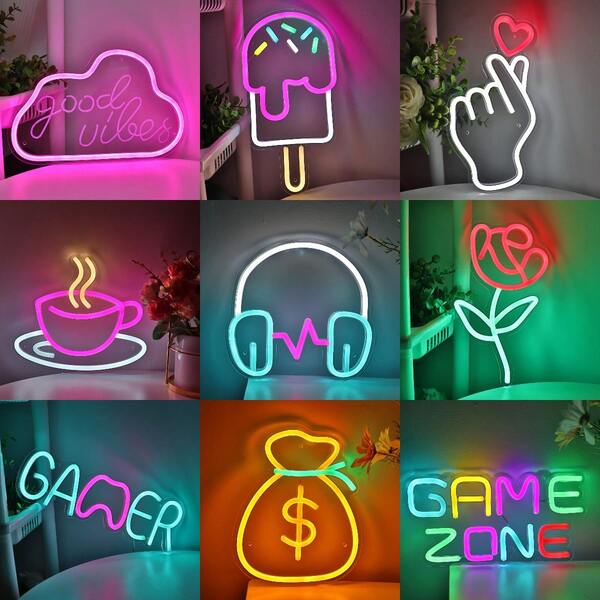 1PC 5V USB Cool Super Bright Popsicle Pizza Good Vibes With Cloud Finger Heart Coffee Cup Earphone Rose Flower Gamer Money Pocket Game Zone LED Wall Neon Sign Night Light For Rock Music Room Party Coffee Shop Cold Drink Game Room Flower Cloth Store Party BAR Decoration Gifts