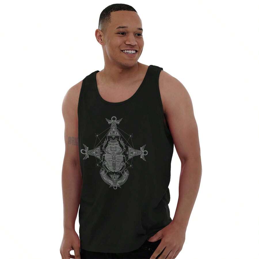 Camiseta de tirantes con símbolos del antiguo Egipcio: escarabajo y Ankh - Negro - Ver 1