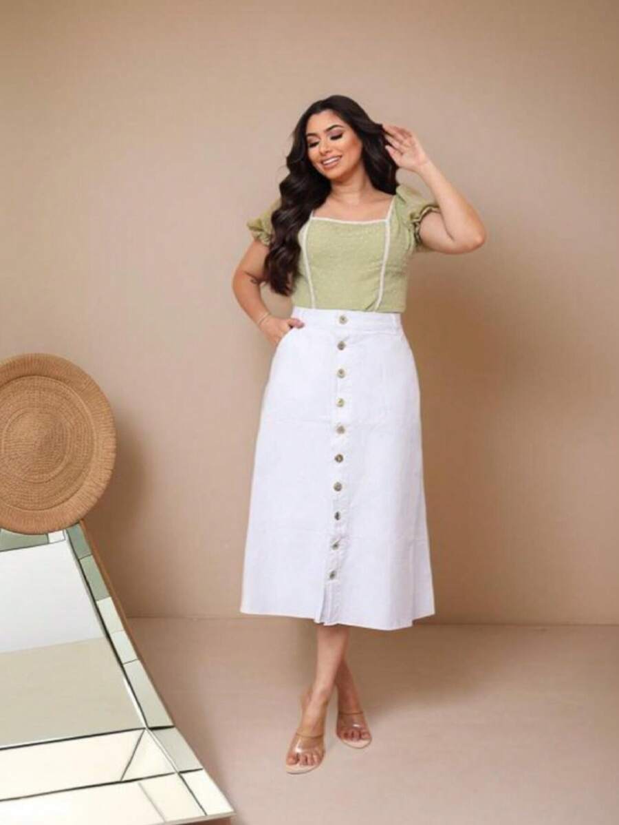 Long Plain White Denim Skirt With Buttons And Pockets 100% Luxury Jeans Evangelical Fashion - trắng - Xem 1
