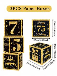 3 pièces Boîtes en papier noires et dorées, décoration de fête d'anniversaire 18e/30e/40e/50e/60e/70e/75e/80e, fournitures pour fête de 40/50/60 ans, décorations de fête d'anniversaire, boîtes décoratives pour fond de fête à la maison, décoration de fond de fête, accessoires photo, boîtes d'emballage cadeau