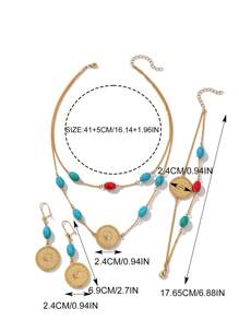 1set Vintage Luxury Gold-Tone Peacock Stone Bead Coin Pendant Earrings Bracelet Necklace Jewelry Set, Suitable For Women Daily Wear And Gifting