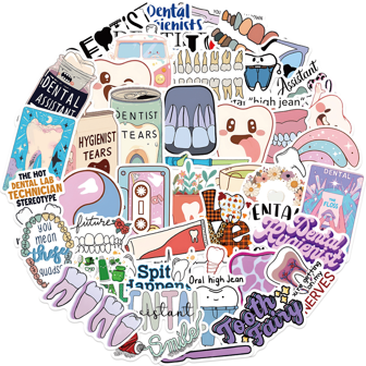 50Pcs Cartoon Dental Dentist Vinyl Waterproof Sticker Gift Water Bottle Cartoon Laptop Bumper Water Bottle Computer Phone Safety Hat Car And Sticker,School Supplies,Back To School
