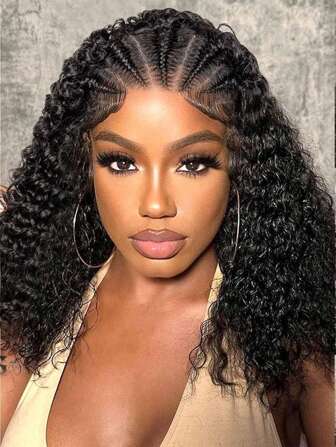 Box Braided Water Wave 13x4 Lace Front With Baby Hair Wigs For Women 16 Inches Knotless Box Braided Hair Wigs Curly Bob Braided Lace Wigs