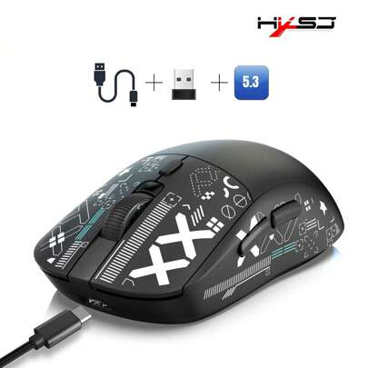 HXSJ RGB 背光无线游戏鼠标，3 种模式，6 DPI 可调，独特图案，7 个按钮，静音左/右键单击