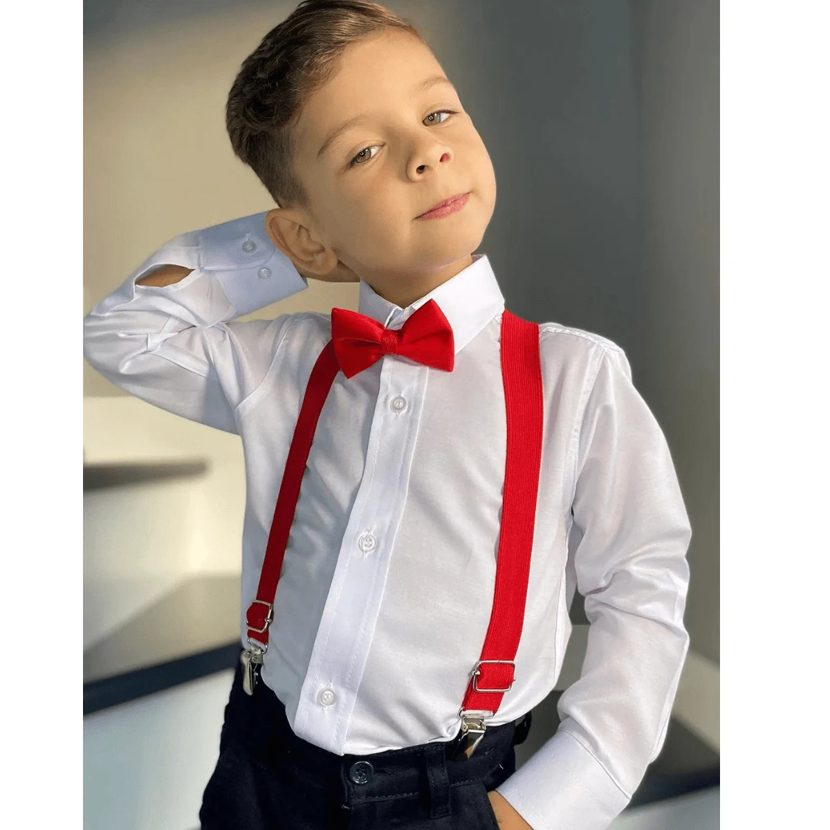 Camisa Infantil Social  Menino Kit Suspensorio E Gravata Vermelho Manga Longa