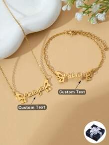Personalized Stainless Steel Butterfly Jewelry Set With Customized Name Necklace And Bracelet, Gold Plated Alphabet Initial Nameplate Family Member Jewelry, Perfect Gift For Christmas For Her Girlfriend, Mom, Family, Friends, Daughter, Her, Grandparents For Anniversaries, For Birthdays, For Daily Wear, For Prom, For Mother's Day, For Valentine's Day, For Graduation, For Weddings,New Year Glamour - Gold - View 1
