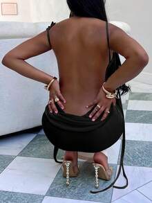 女士纯色露背细肩带连衣裙，夏季