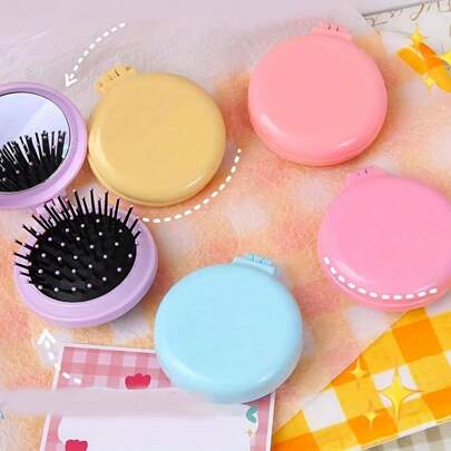 Set da 5 pettini a cuscinetto d'aria mini rotondi, pettini per capelli mini portatili, pettini pieghevoli con specchio per il trucco, adatti per viaggi, uso domestico e uscite, colore casuale, fermagli per capelli, accessori per capelli