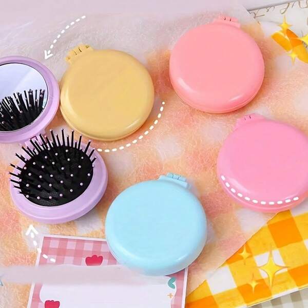 5pcs/Set Round Mini Air Cushion Comb, Mini Portable Hairdressing Comb, Foldable Hair Comb With Makeup Mirror, Suitable For Travel Home Outgoing Use, Random Color,Hair Clips,Hair Accessories